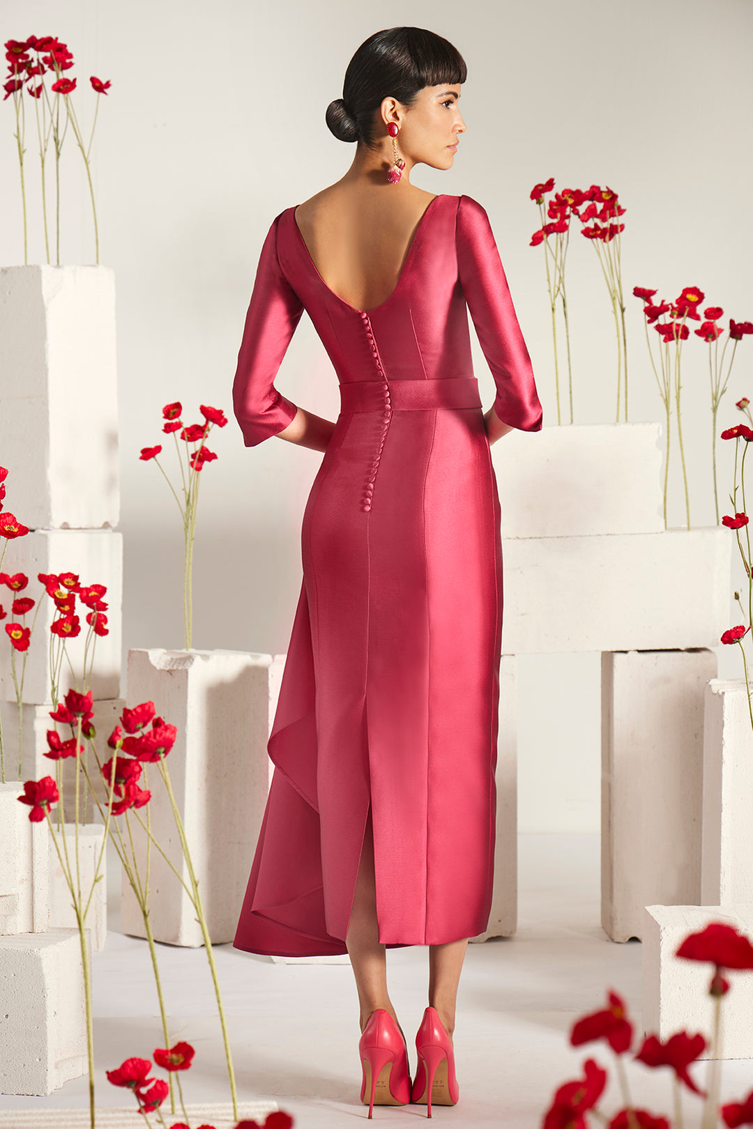 Plunging Split-Neck Draped with Column Midi Dress