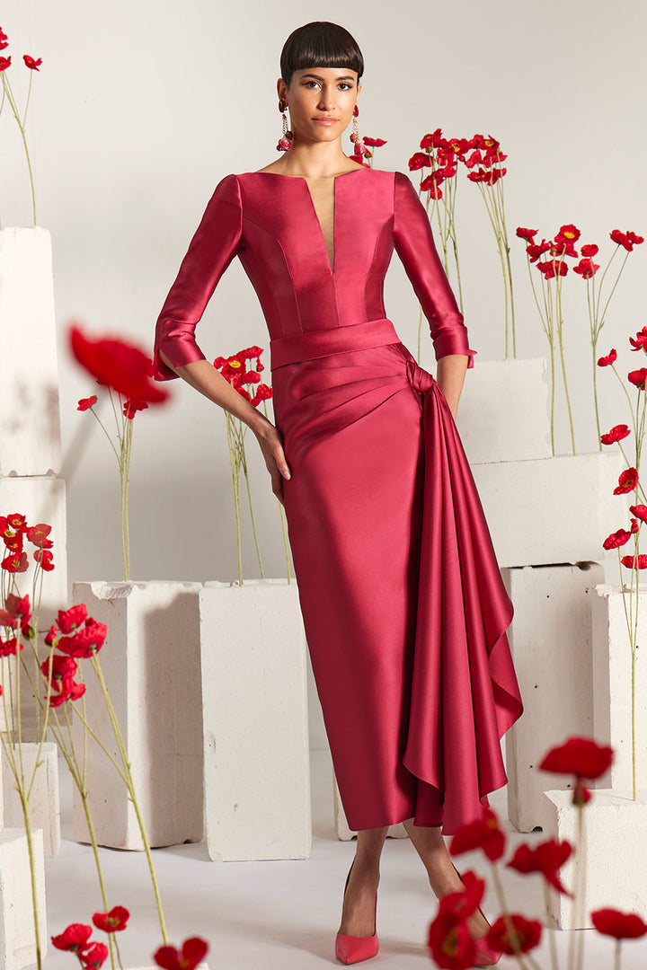 Plunging Split-Neck Draped with Column Midi Dress
