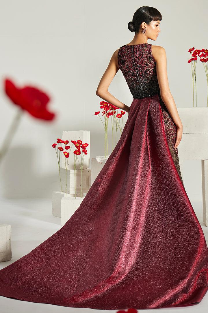 Embellished Lace Column Dress with 3D Flower Accent