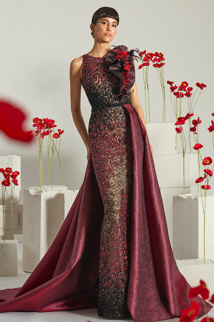 Embellished Lace Column Dress with 3D Flower Accent