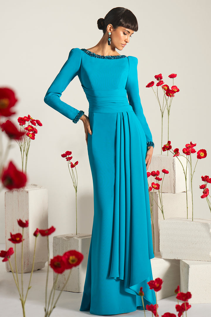 Beaded-Trim Draped with Column Long Dress
