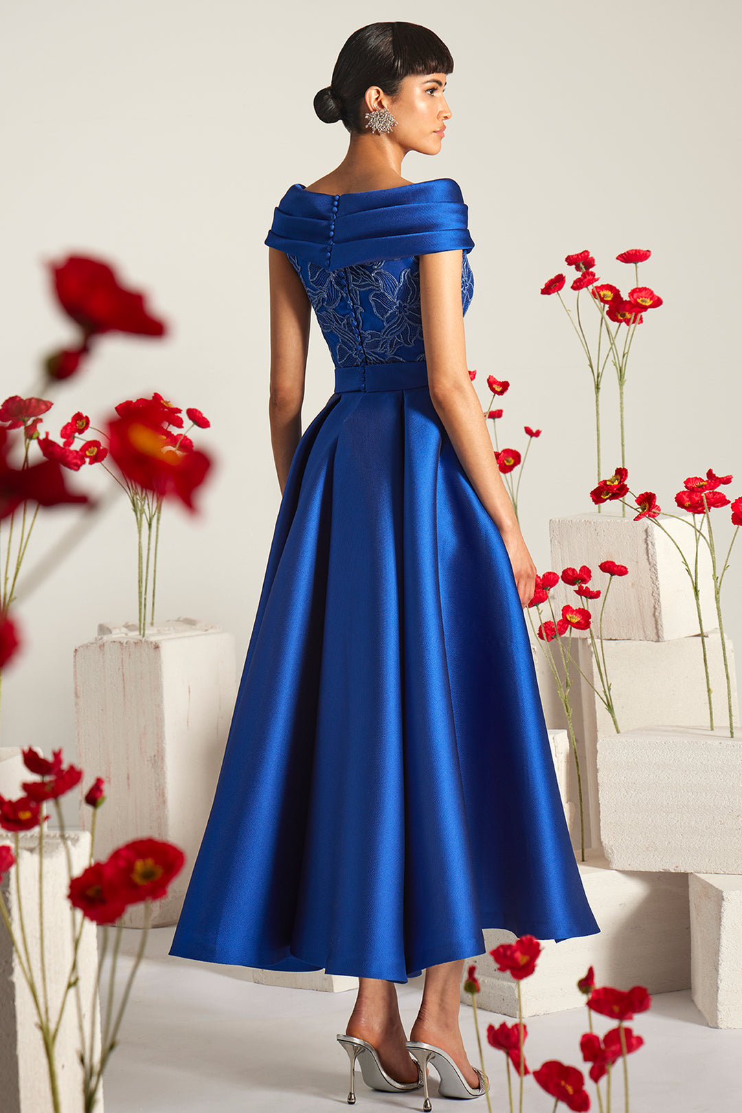 Embroidered Lace Midi Sheath with Overskirt Long Dress