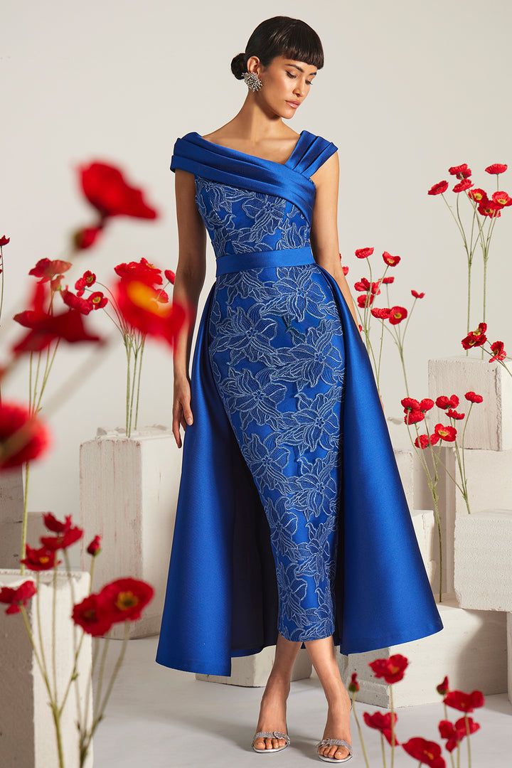 Embroidered Lace Midi Sheath with Overskirt Long Dress