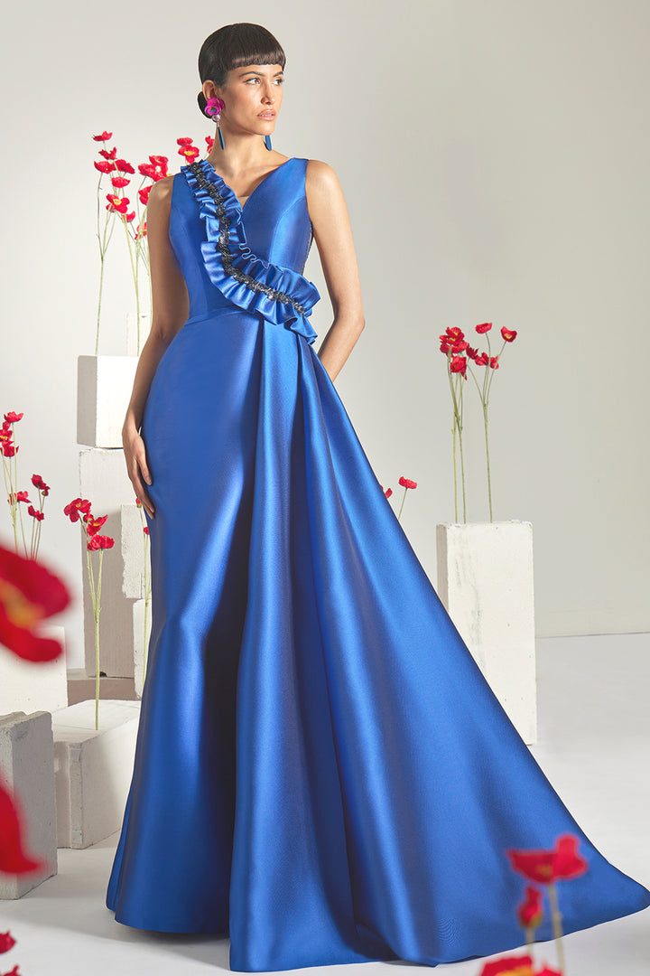 Crystal-Trimmed Asymmetrical Ruffled Dress
