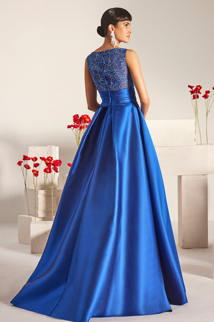 Embroidered Floral Boat-Neck with Column Dress
