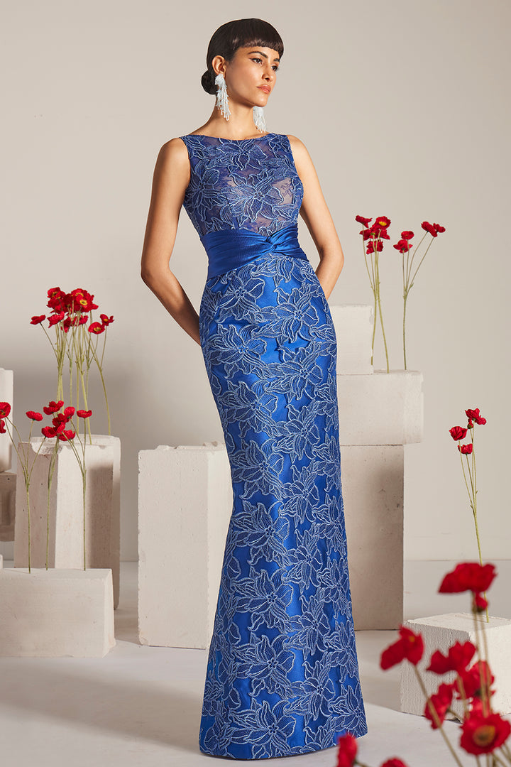 Embroidered Floral Boat-Neck with Column Dress