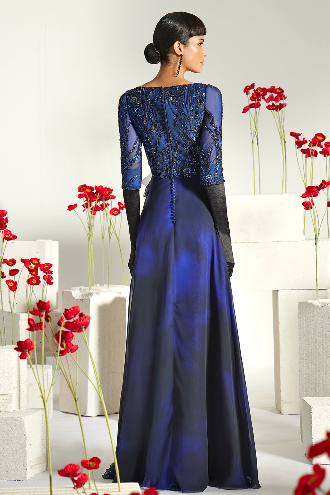 Beaded V-Neck Dress with 3D Floral Waist Accent