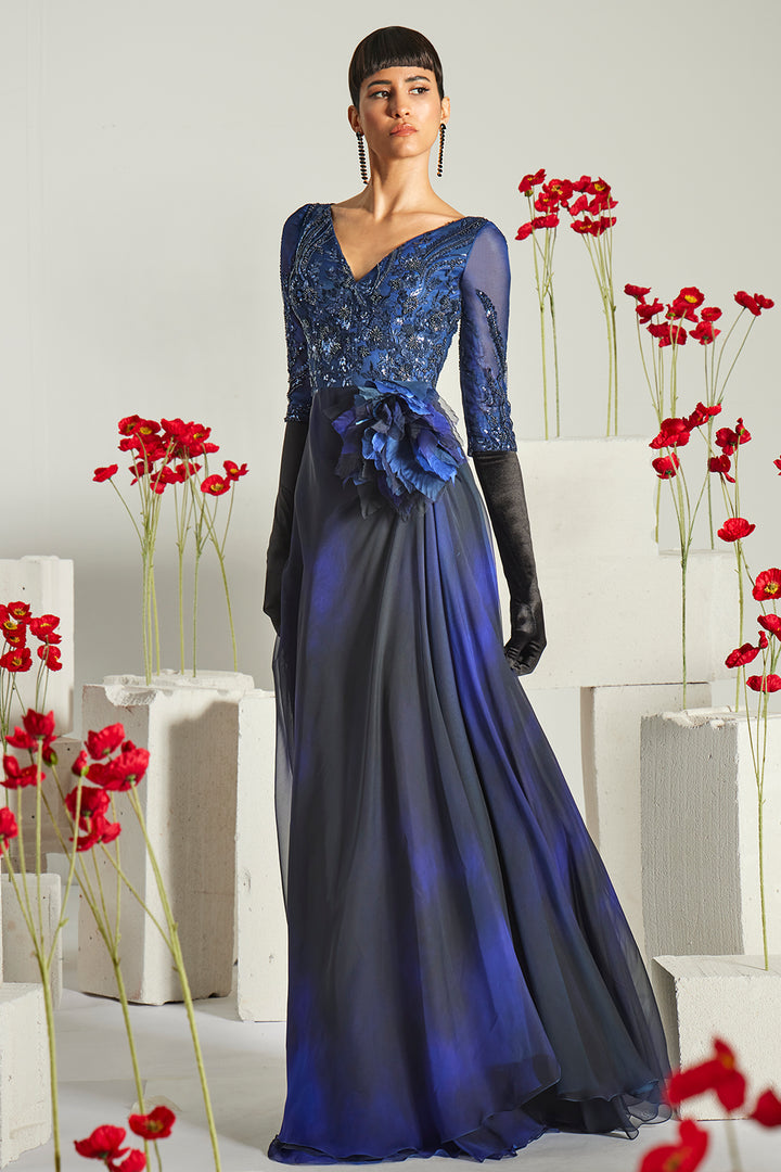 Beaded V-Neck Dress with 3D Floral Waist Accent