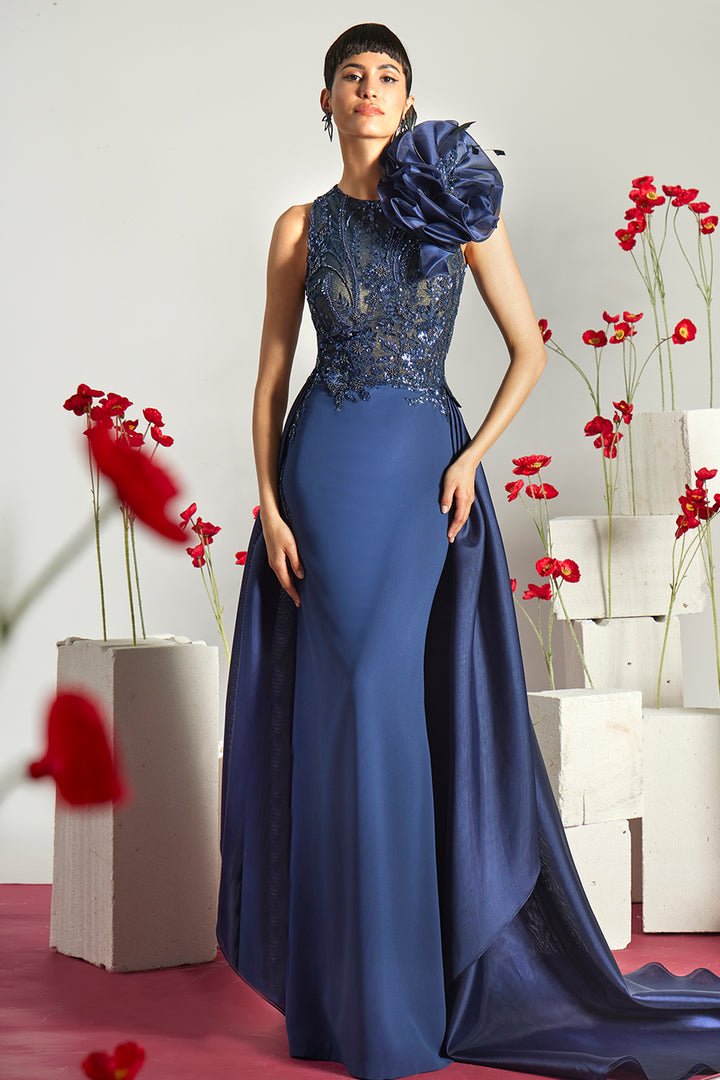 Embellished Column Dress with 3D Rosette Accent
