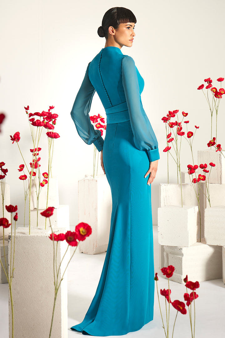 Feather-Trimmed V-Neck Dress with Side Slit
