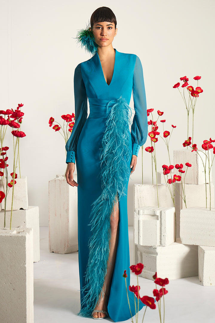 Feather-Trimmed V-Neck Dress with Side Slit