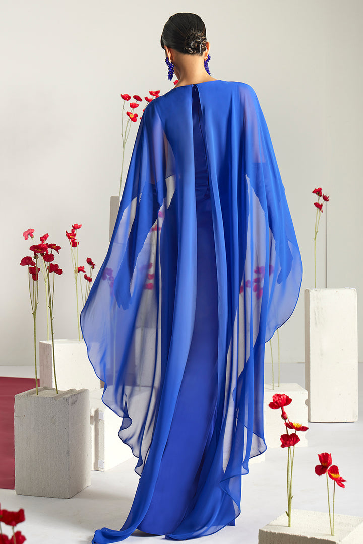 Cape Sleeve High-Neck with Column Dress and Slit