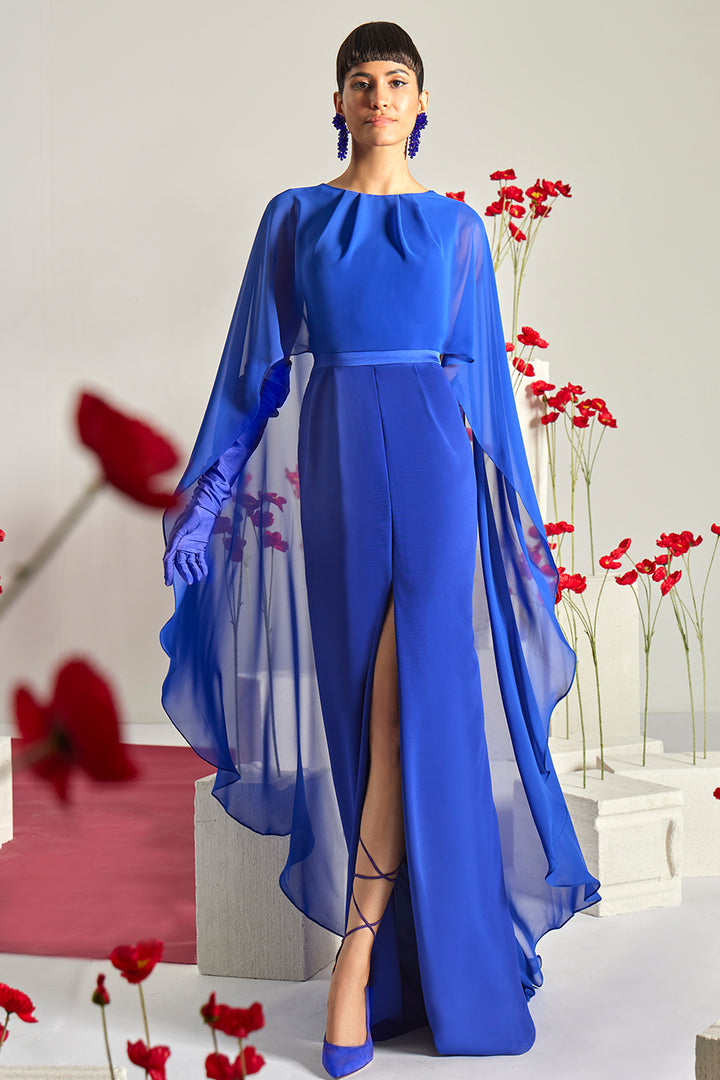 Cape Sleeve High-Neck with Column Dress and Slit