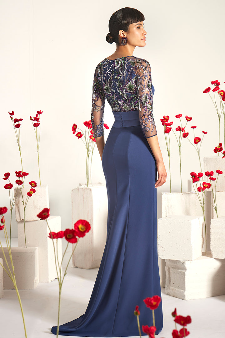 Embellished Lace-Sleeve Dress with Buttoned Slit