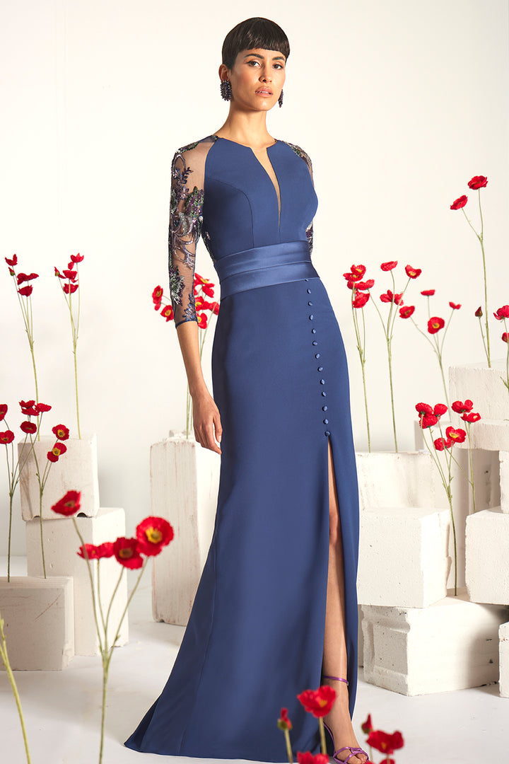 Embellished Lace-Sleeve Dress with Buttoned Slit