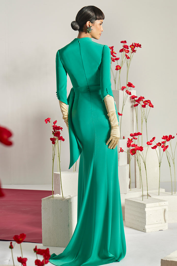 Structured Split-Neck Dress with Side-Bow