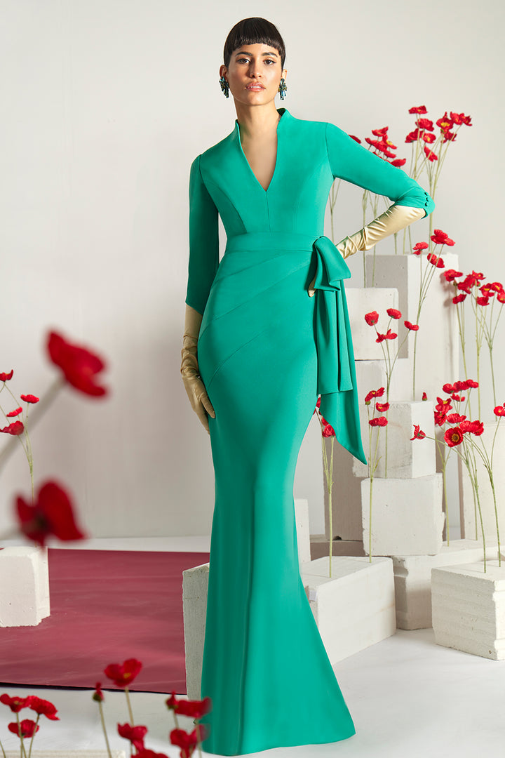 Structured Split-Neck Dress with Side-Bow