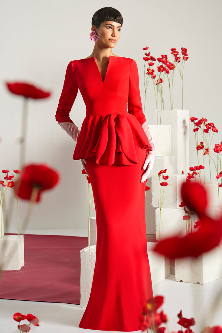 Sculpted Peplum with Split-Neck Dress