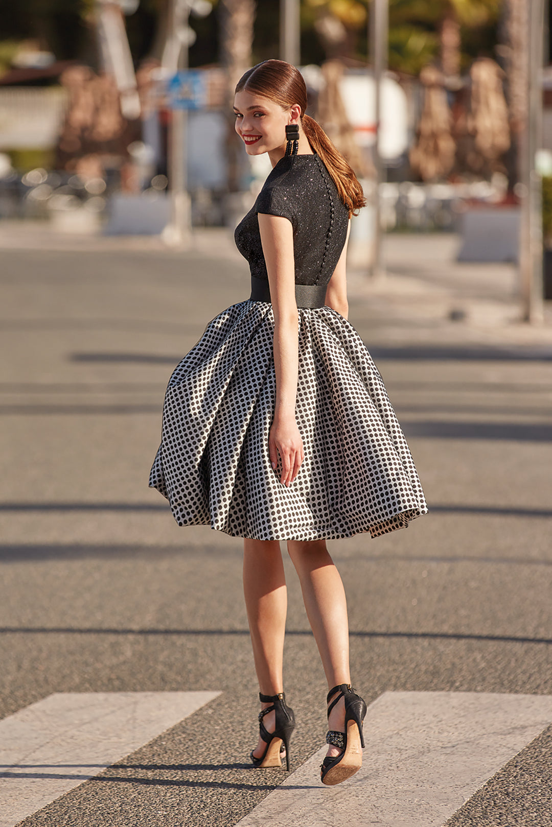 Polka-Dot Puffy Midi Dress