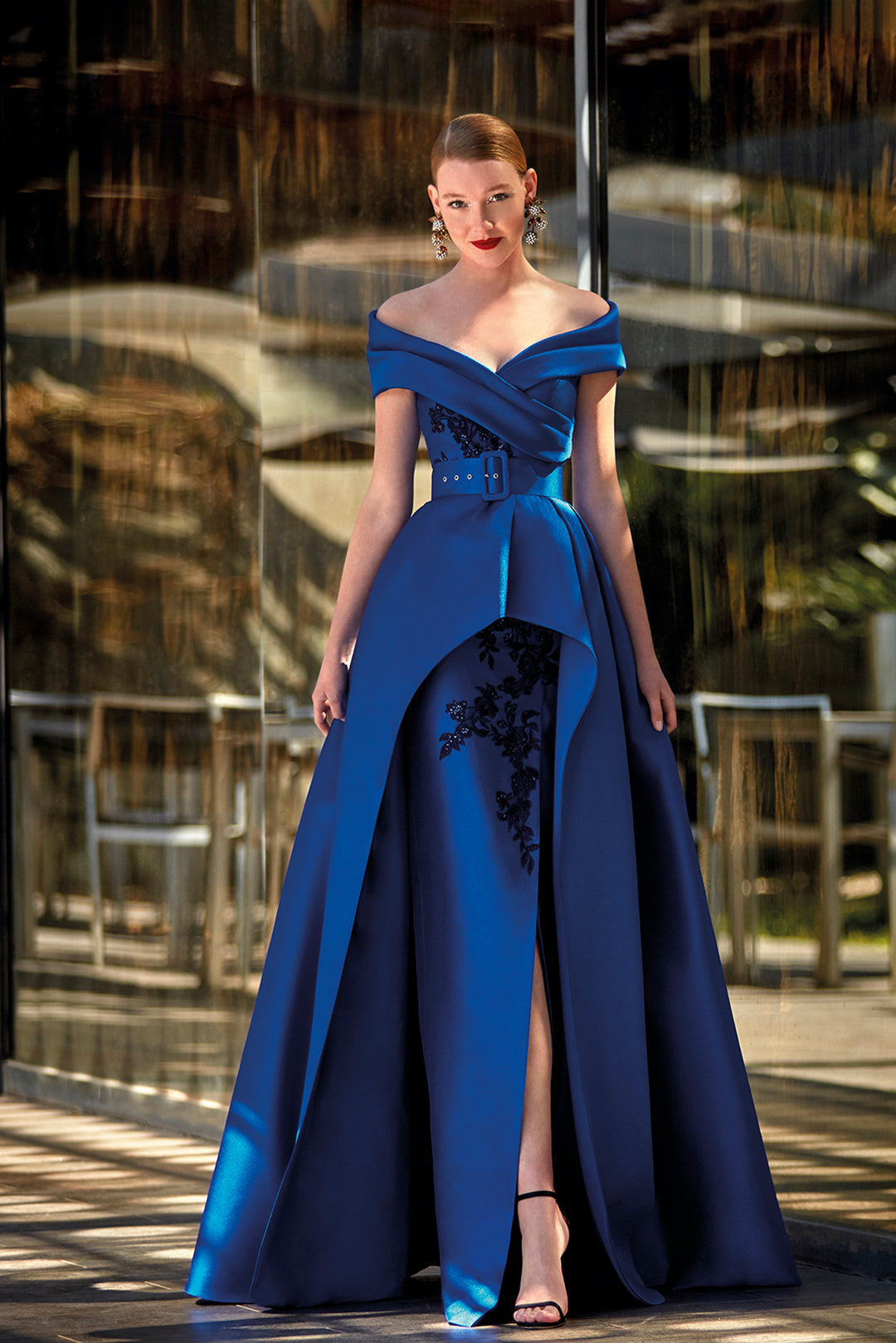 jacquard off shoulder dress Terani Couture 252E5169 Metallic Jacquard Off Shoulder Dress