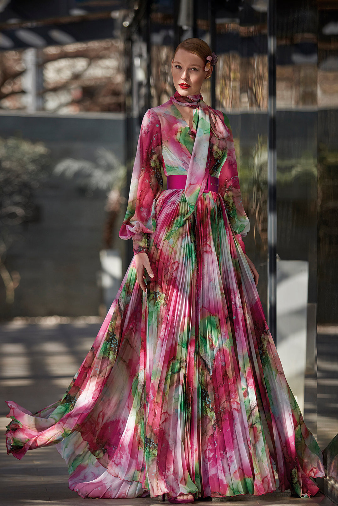 runway pleat flower dress Drea Pleated Floral Gown