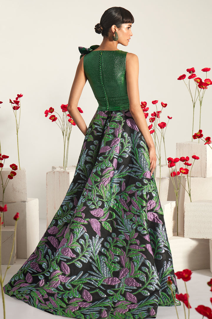3D Floral Plunging Column Dress with Sweeping Overskirt