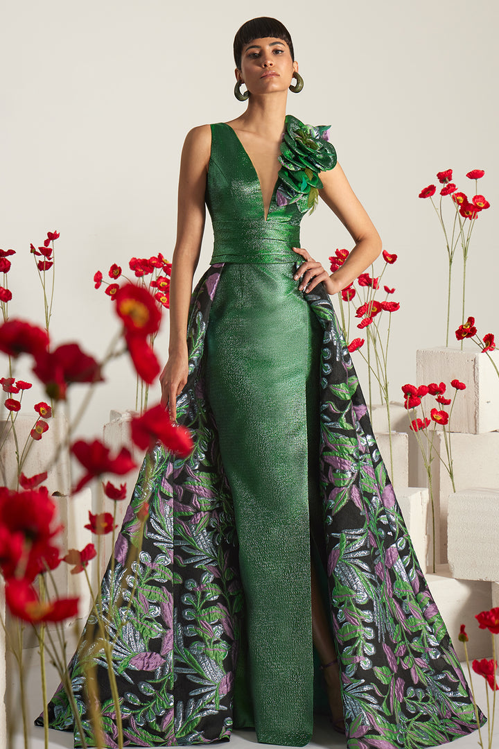 3D Floral Plunging Column Dress with Sweeping Overskirt