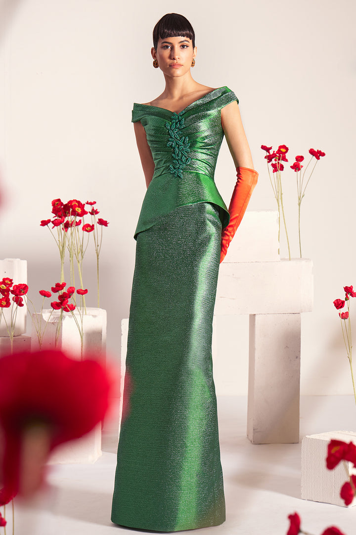 Off-The-Shoulder Peplum Column Dress with Floral Appliqués