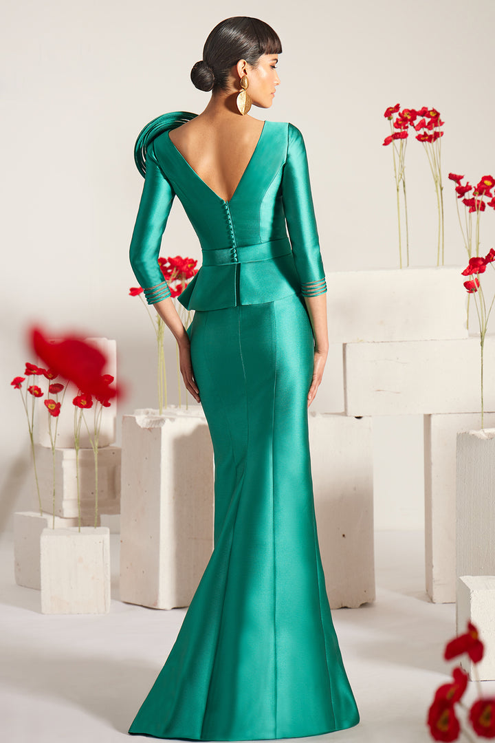 Asymmetrical Mikado Column Dress with Sculptural 3D Shoulder