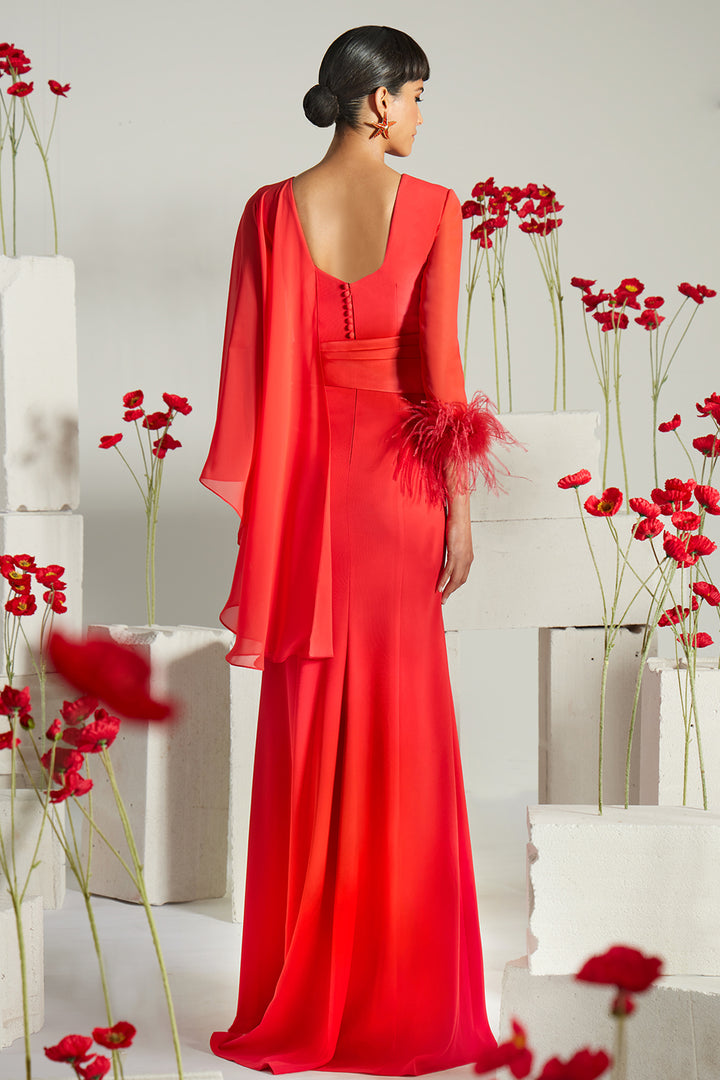 Asymmetrical Chiffon Cape Sleeve Column Dress