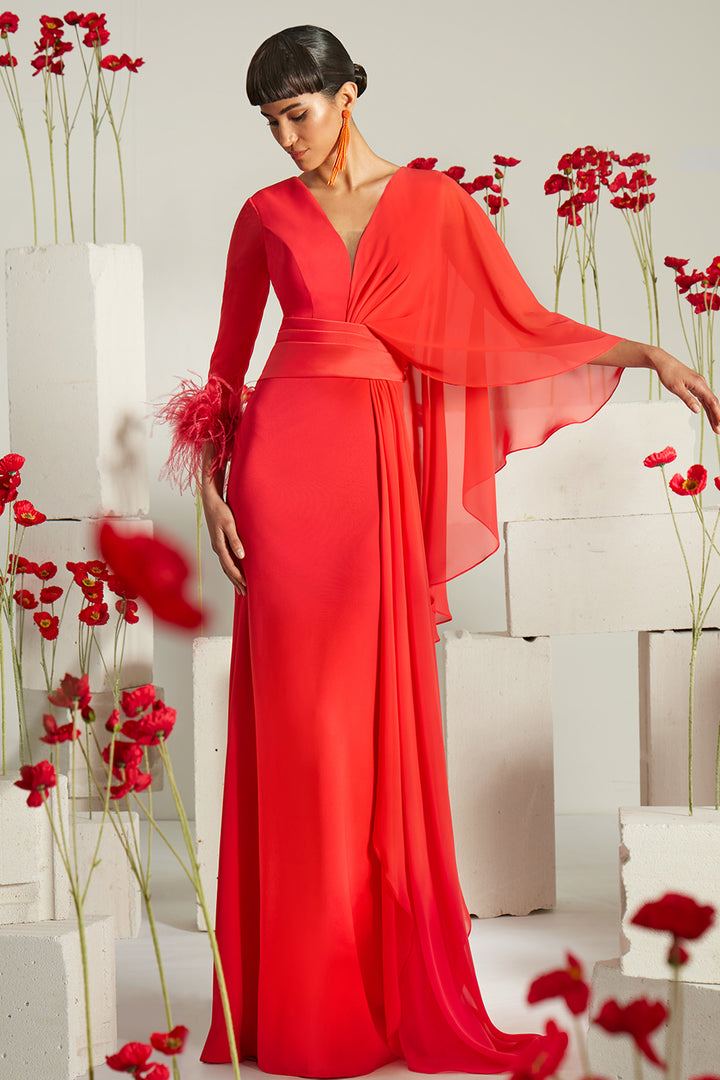 Asymmetrical Chiffon Cape Sleeve Column Dress