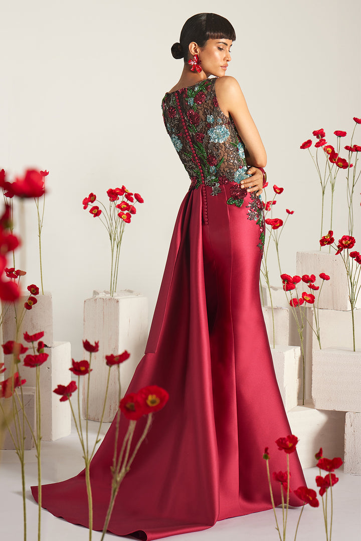 Sleeveless Floral Illusion A-Line Dress with Beaded Embroidery