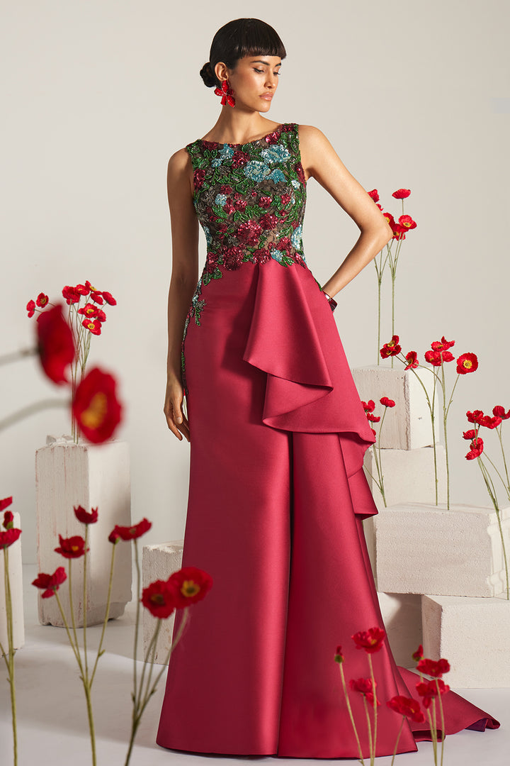 Sleeveless Floral Illusion A-Line Dress with Beaded Embroidery