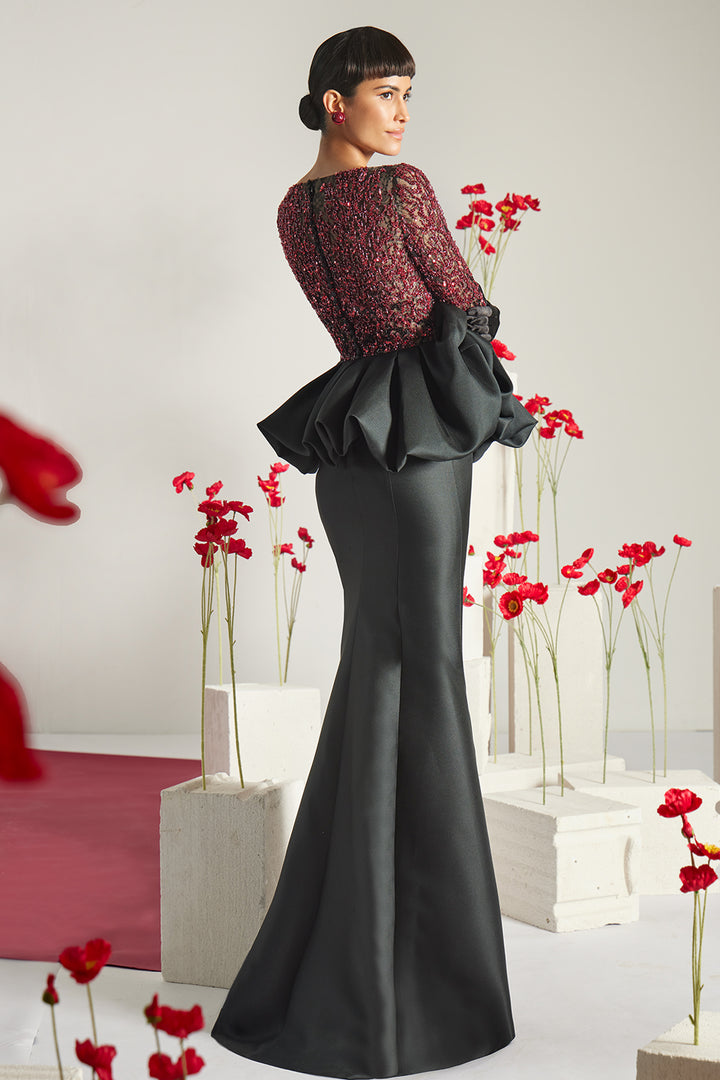 Beaded Illusion Mermaid Dress with Sculptural Peplum