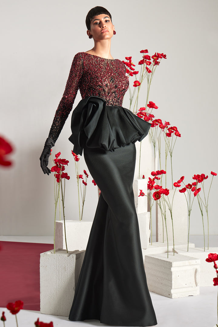Beaded Illusion Mermaid Dress with Sculptural Peplum