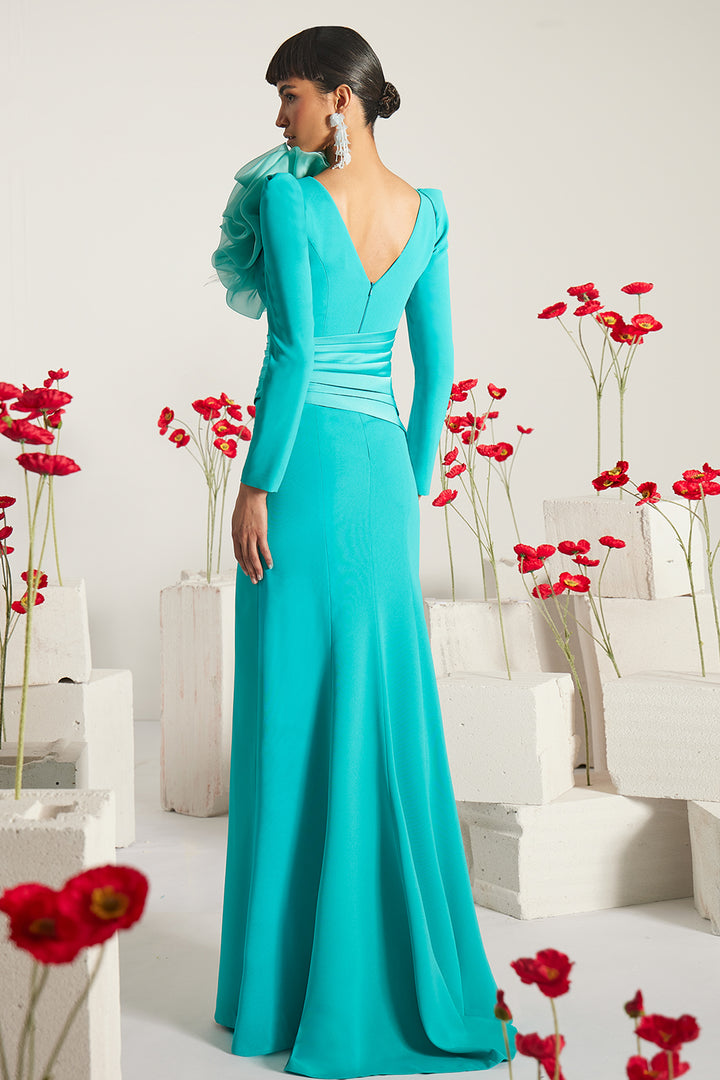 Plunging Crepe Column Dress with 3D Floral Appliqué