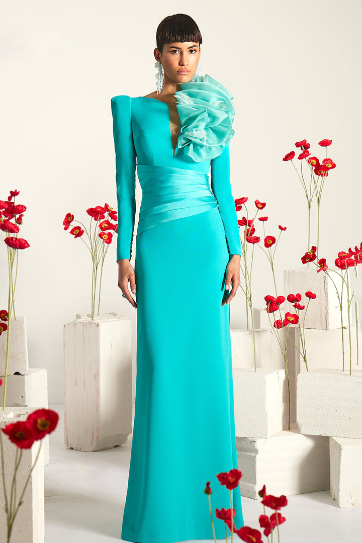 Plunging Crepe Column Dress with 3D Floral Appliqué