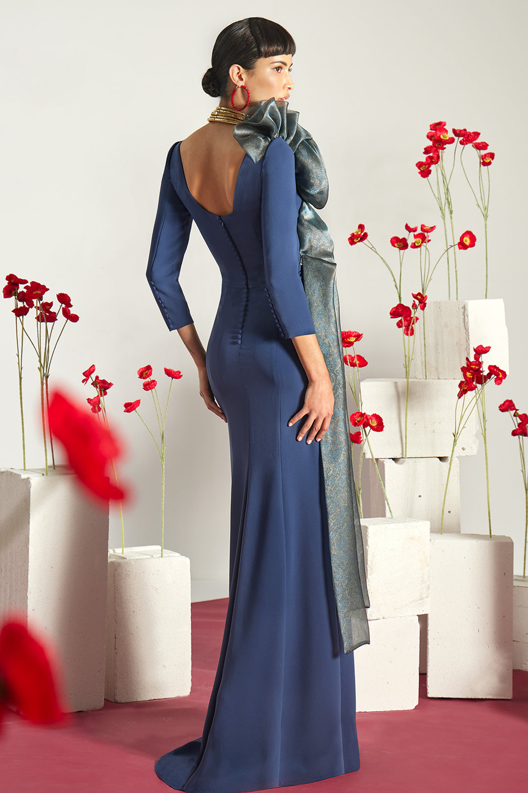 3/4 Sleeve Crepe Dress with Sculptural 3D Floral Appliqué
