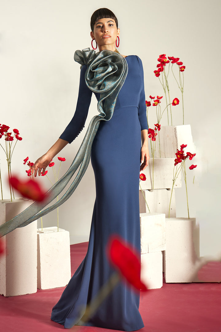 3/4 Sleeve Crepe Dress with Sculptural 3D Floral Appliqué