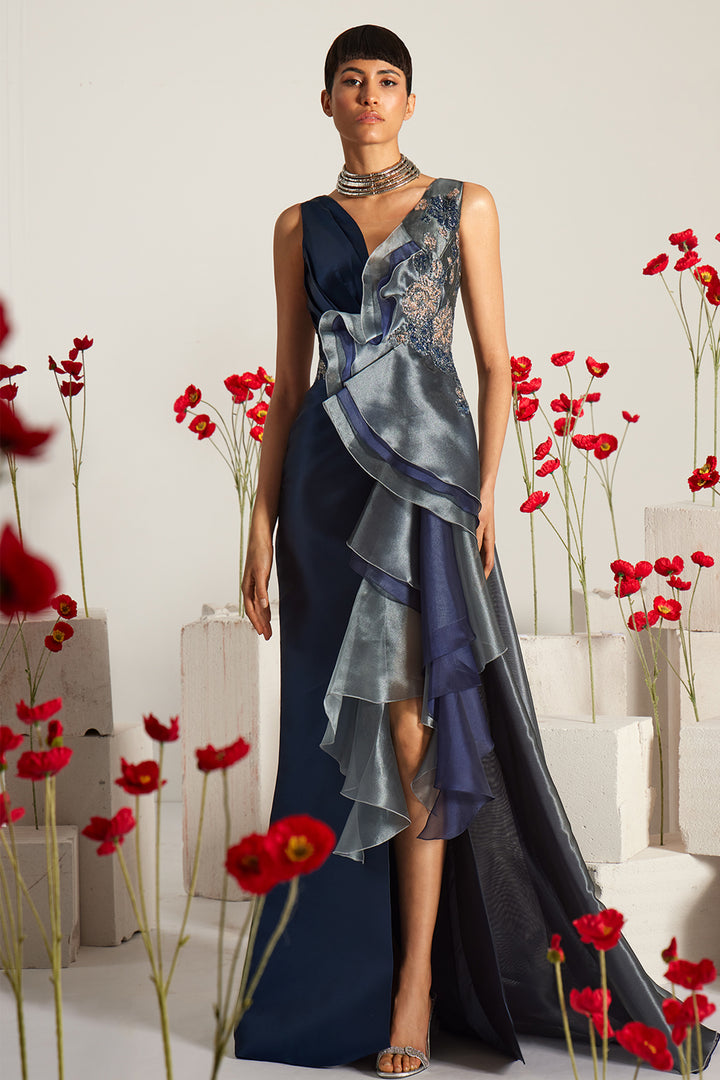 Asymmetrical V-Neck A-Line Dress with Cascading Ruffles