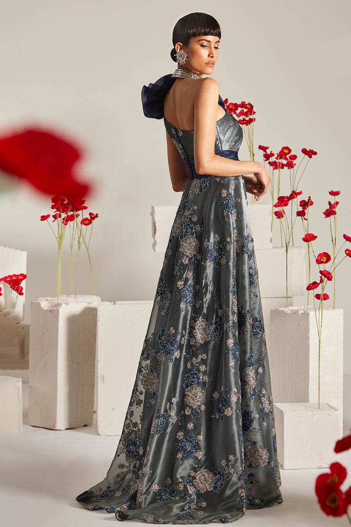 One-Shoulder Taffeta A-Line Dress with 3D Floral Appliqué