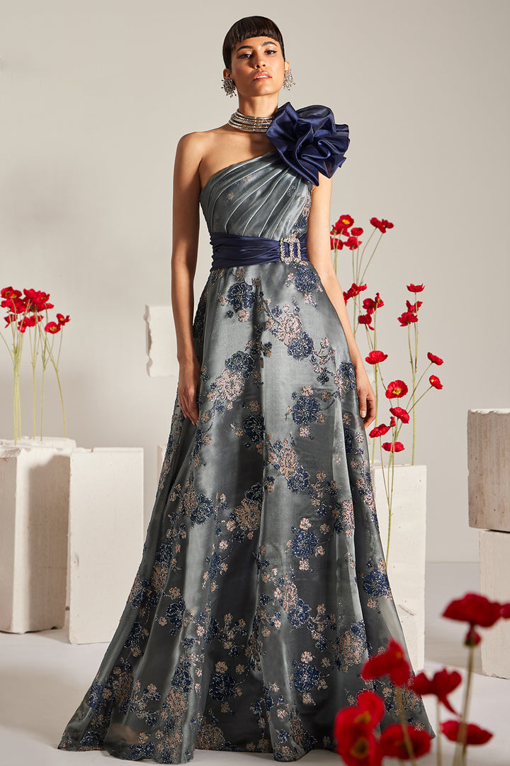 One-Shoulder Taffeta A-Line Dress with 3D Floral Appliqué