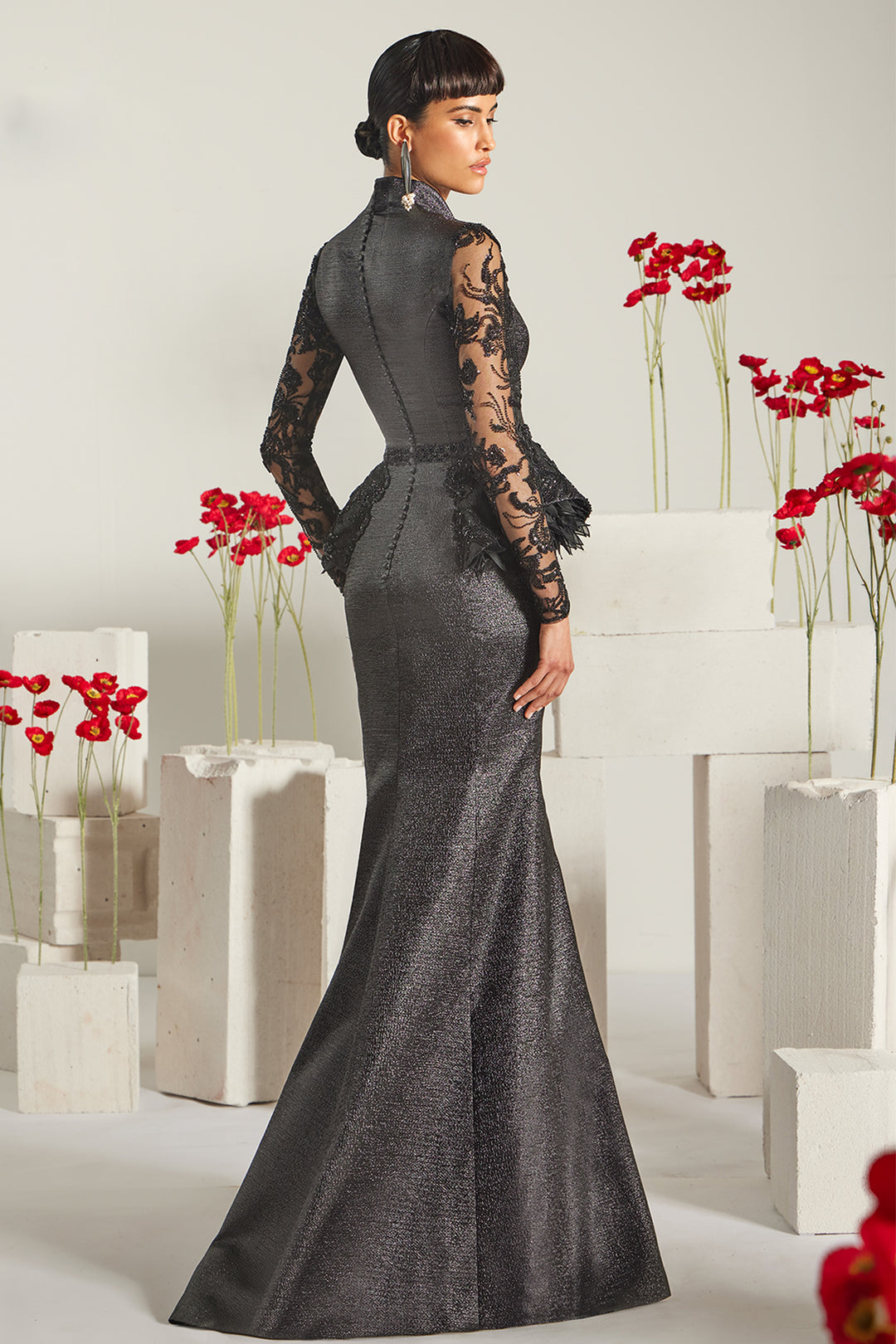 Plunging Square-Neck Mermaid Dress with Architectural Peplum