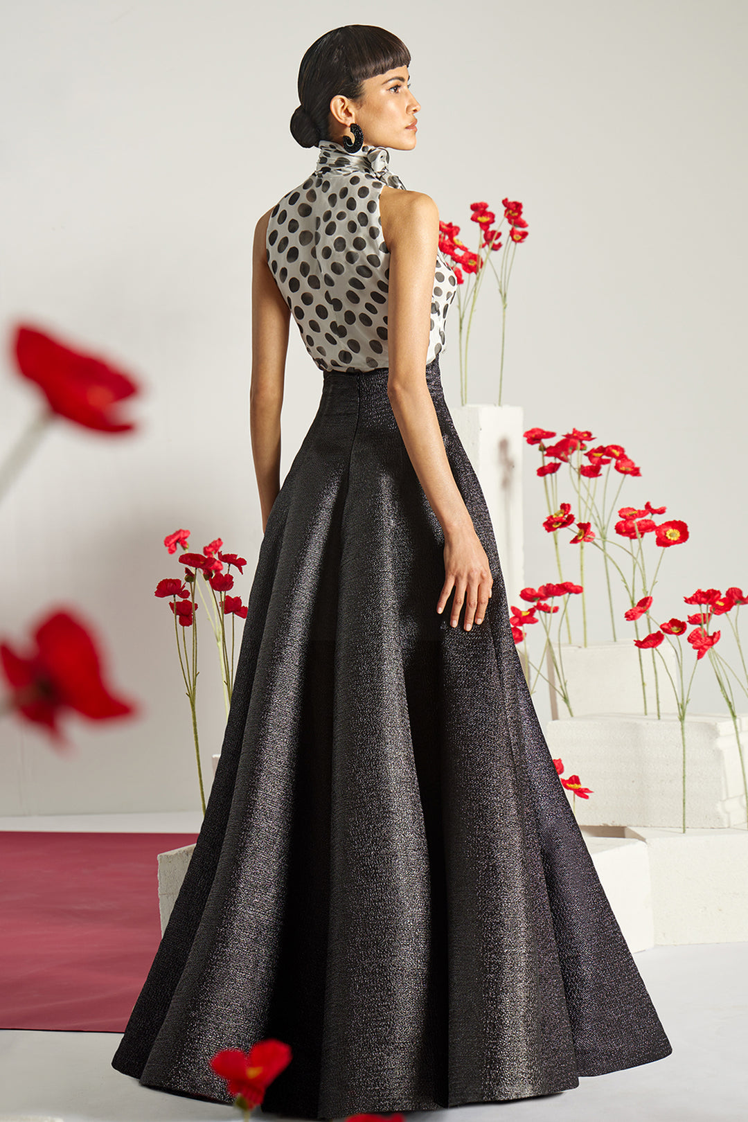 High-Neck Polka Dot A-Line Dress with Corset Waist