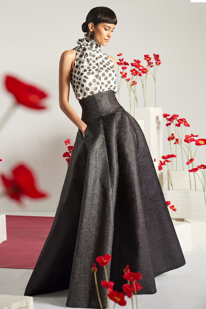 High-Neck Polka Dot A-Line Dress with Corset Waist
