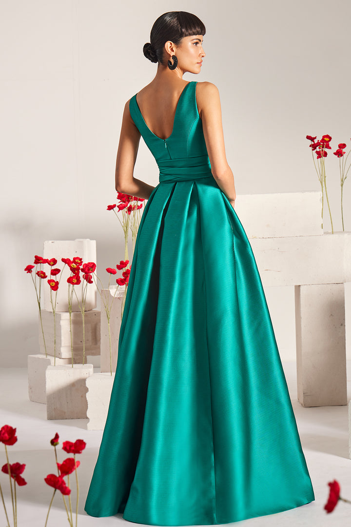 Plunging V-Neck A-Line Dress with Oversized Knotted Bow