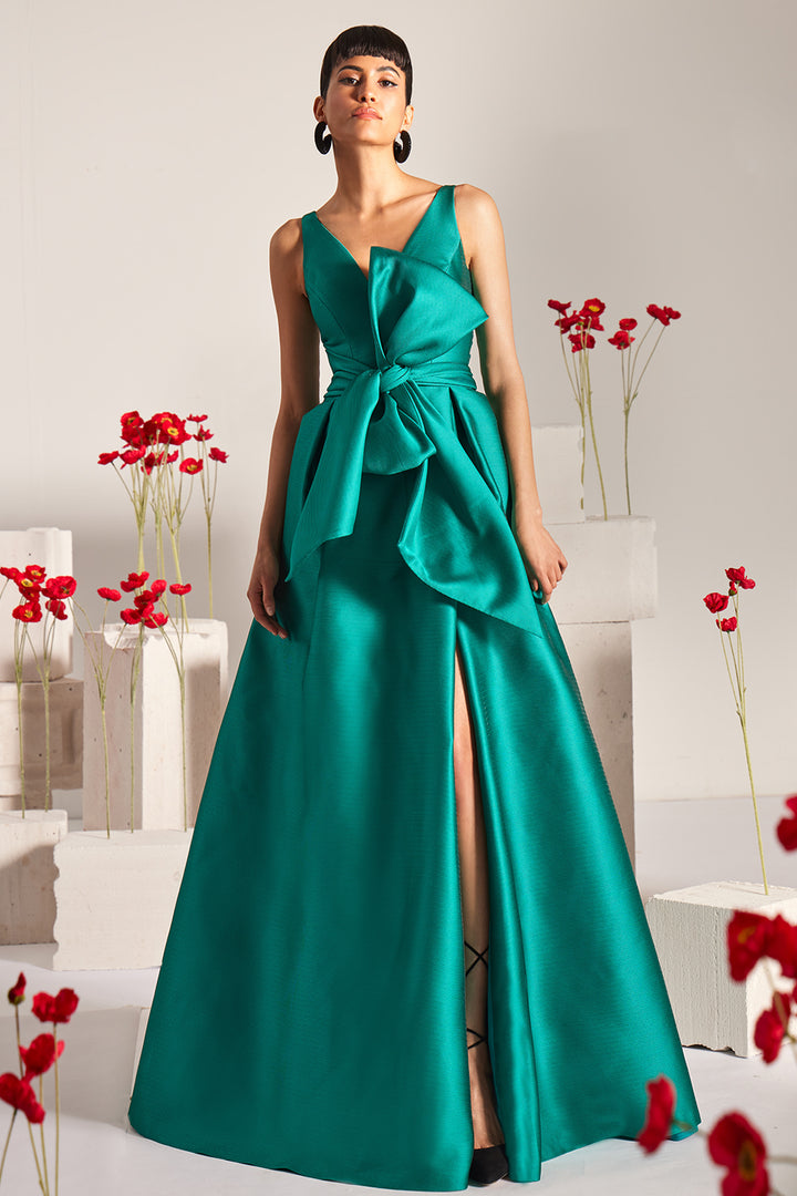 Plunging V-Neck A-Line Dress with Oversized Knotted Bow