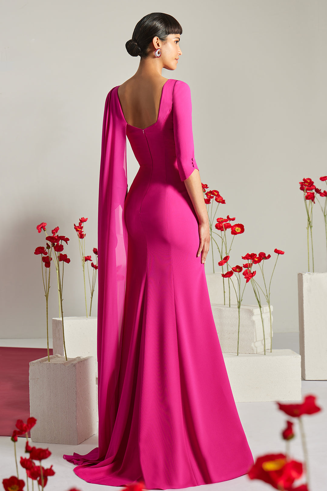 Asymmetrical Ruched Column Dress with Cape Sleeve