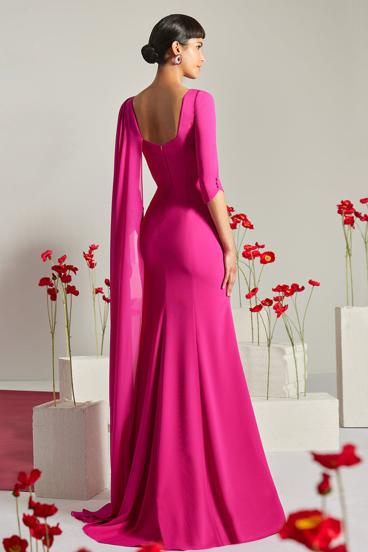 Asymmetrical Ruched Column Dress with Cape Sleeve