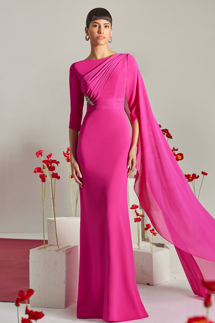 Asymmetrical Ruched Column Dress with Cape Sleeve